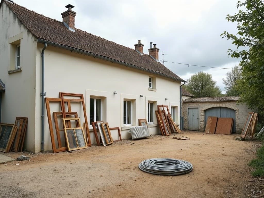 Portes, fenêtres et un radiateur déposés et rangés contre un mur, câble électrique enroulé au sol, dans une cour propre