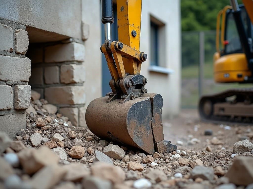 Godet de mini-pelle démontant un muret de garage en parpaing, mur de la maison intact juste à côté, brume d'arrosage anti-poussière