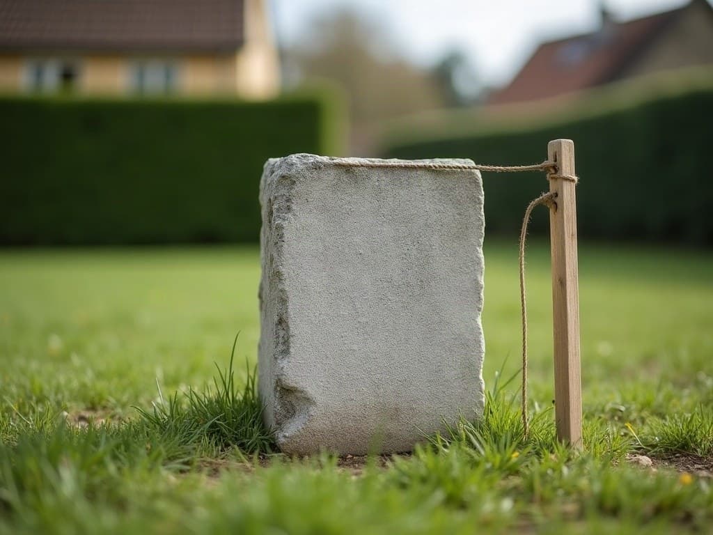 Borne de limite de propriété en granit brut, piquet de géomètre en bois et cordeau tendu, au ras du sol