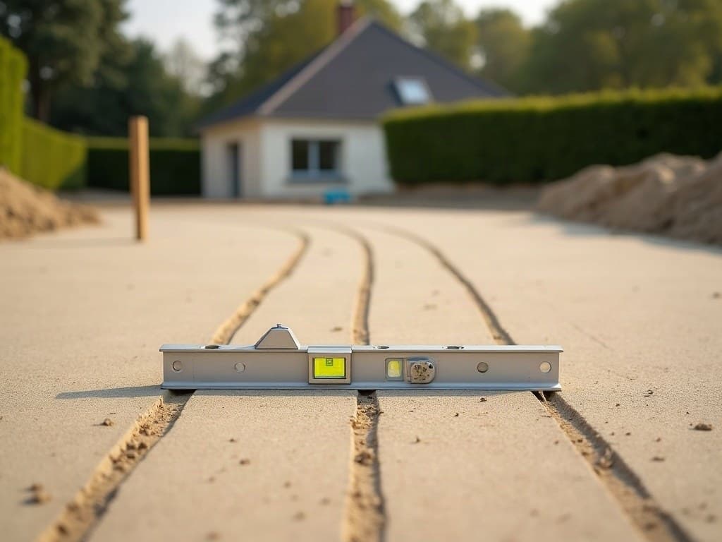 Sol de remblai fraîchement compacté portant les traces parallèles d'un rouleau, avec un niveau de chantier posé sur une règle en aluminium au premier plan et un piquet de repérage en bois planté dans le sol, une haie et un pavillon voisin flous à l'arrière-plan