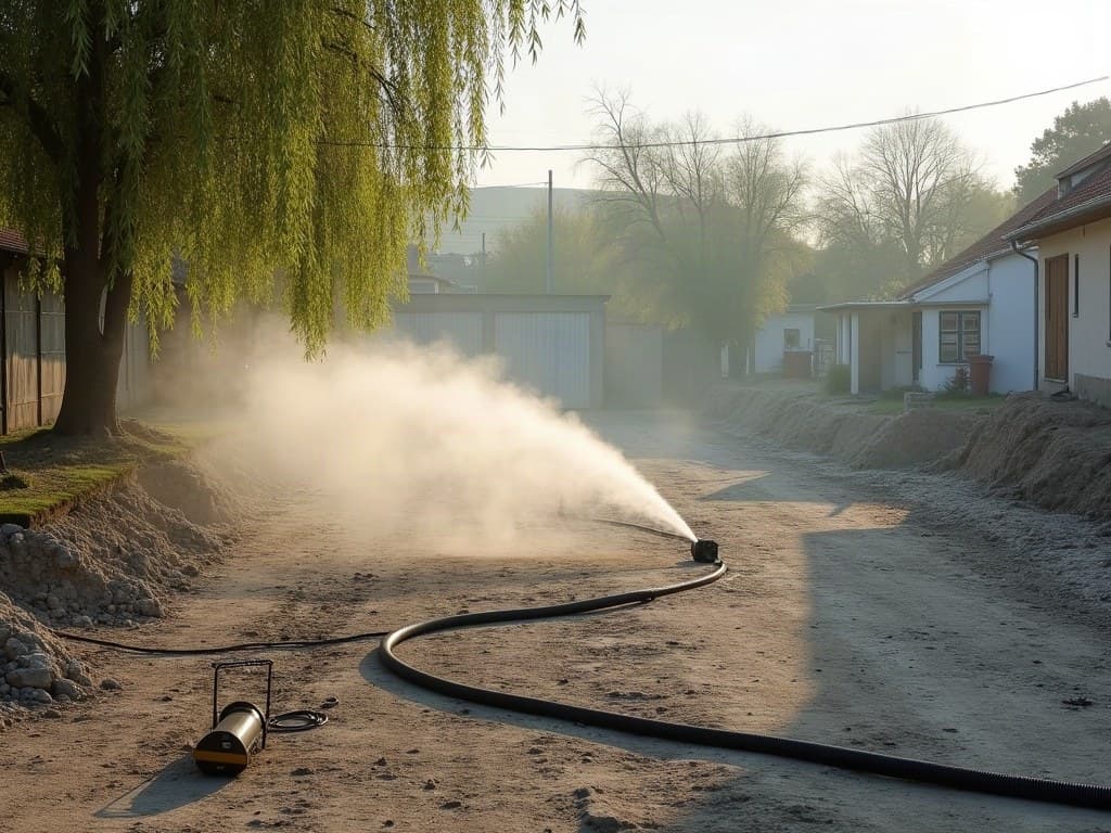 Une rampe d'arrosage anti-poussière projette un jet d'eau en éventail sur un sol de chantier propre, au bord de la Vienne bordée de saules