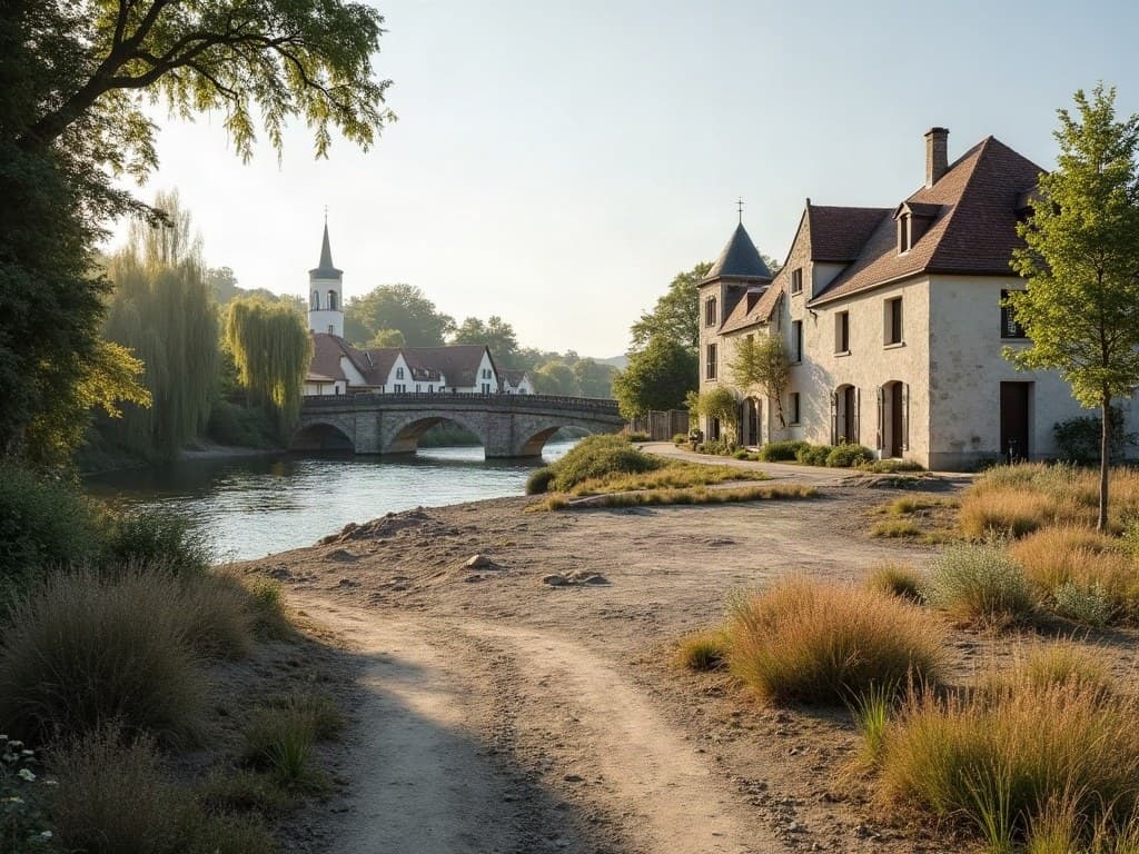 Parcelle dégagée en bord de Vienne, saules et pont de pierre à l'arrière-plan, à Aixe-sur-Vienne