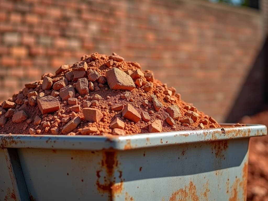 Des gravats de grès rouge triés remplissent une benne de chantier en acier, devant un mur de clôture en pierre de la même teinte