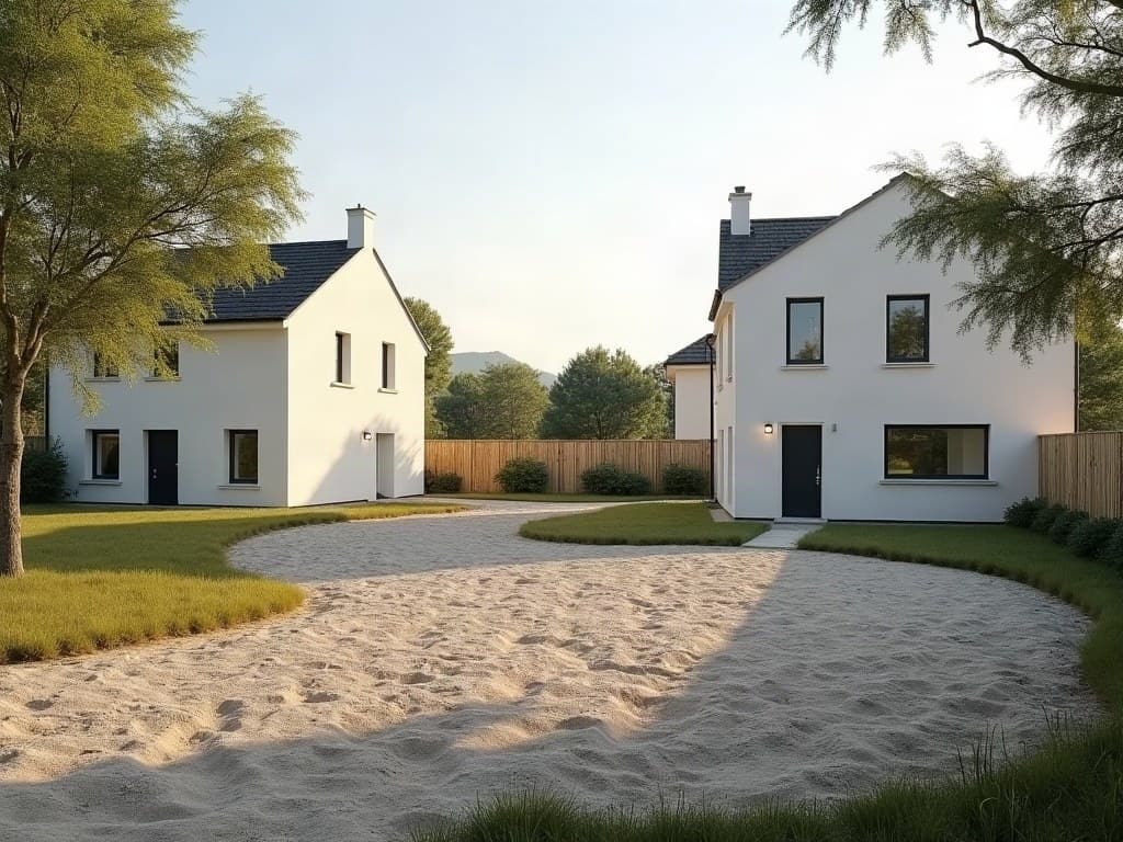 Emprise de terre nue entre deux pavillons clairs, dans un lotissement récent de Couzeix