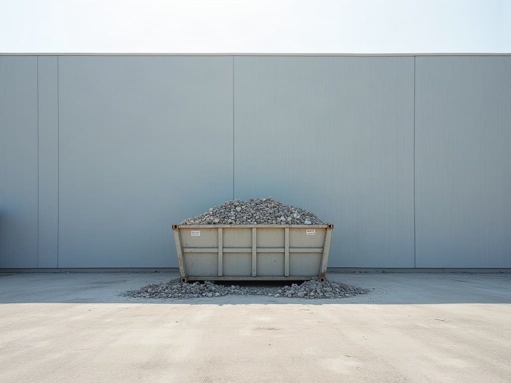 Une benne de chantier en acier remplie de gravats de béton, posée devant le mur à bardage métallique gris d'un bâtiment d'activité