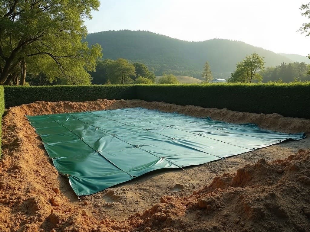 Une bâche verte de géomembrane recouvre une réserve de terre végétale au bord d'une parcelle nivelée, haie et colline boisée en arrière-plan