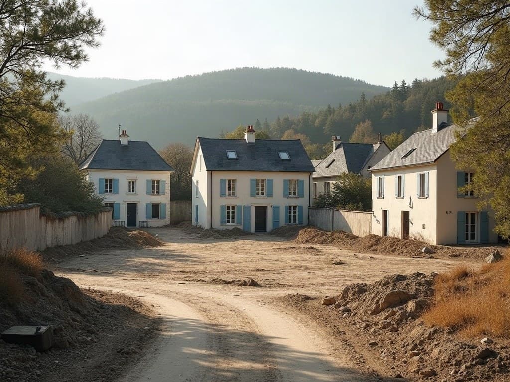 Emprise de terre nue entre deux pavillons à volets bleus, colline boisée à l'arrière-plan, à Guéret