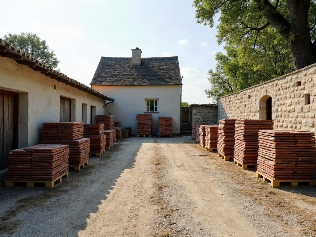 Tuiles et ardoises de dépose triées et empilées sur des palettes dans une cour de ferme
