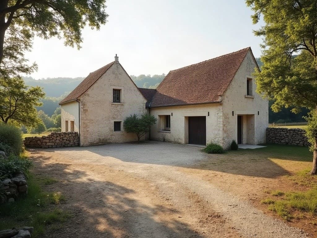 Cour de ferme en pierre avec un espace gravillonné dégagé à côté du bâtiment principal, à La Souterraine