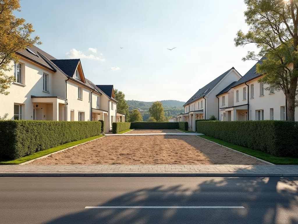 Parcelle libérée et nivelée entre deux pavillons d’un lotissement de périphérie de Limoges