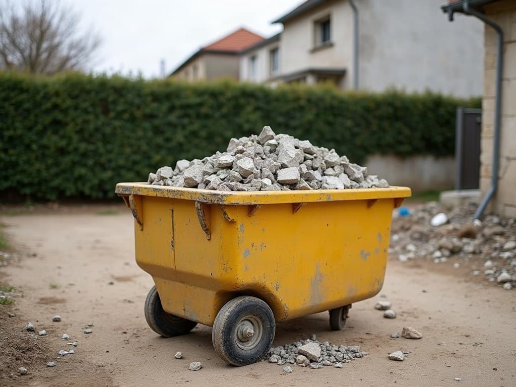 Benne de tri remplie de gravats de béton, seule sur un sol dégagé