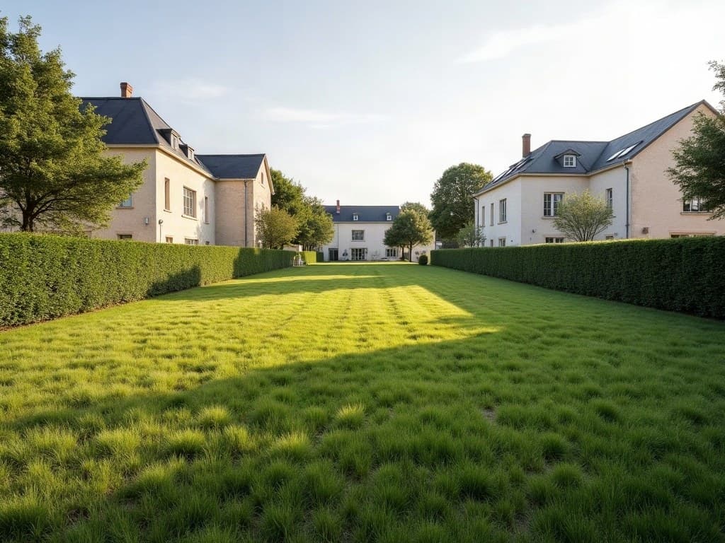 Parcelle engazonnée entre des haies taillées et des pavillons à crépi clair, à Panazol