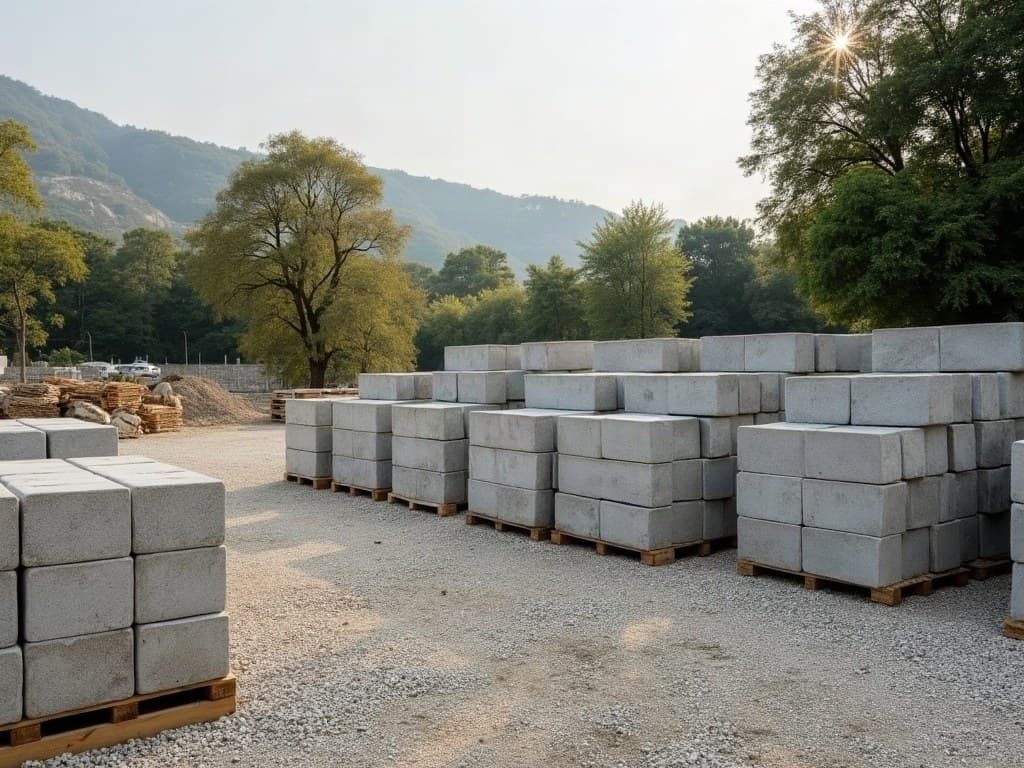 Blocs de granit récupérés, empilés proprement sur des palettes pour réemploi