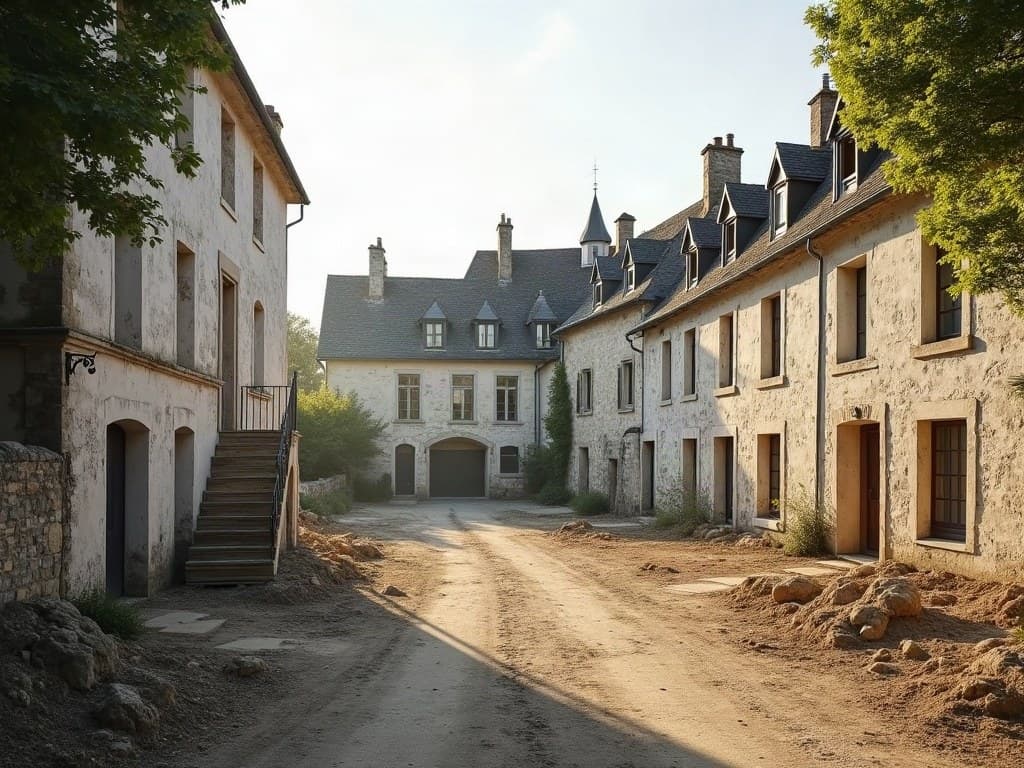 Maisons anciennes de faubourg en pierre avec un espace dégagé entre deux d'entre elles, à Saint-Junien