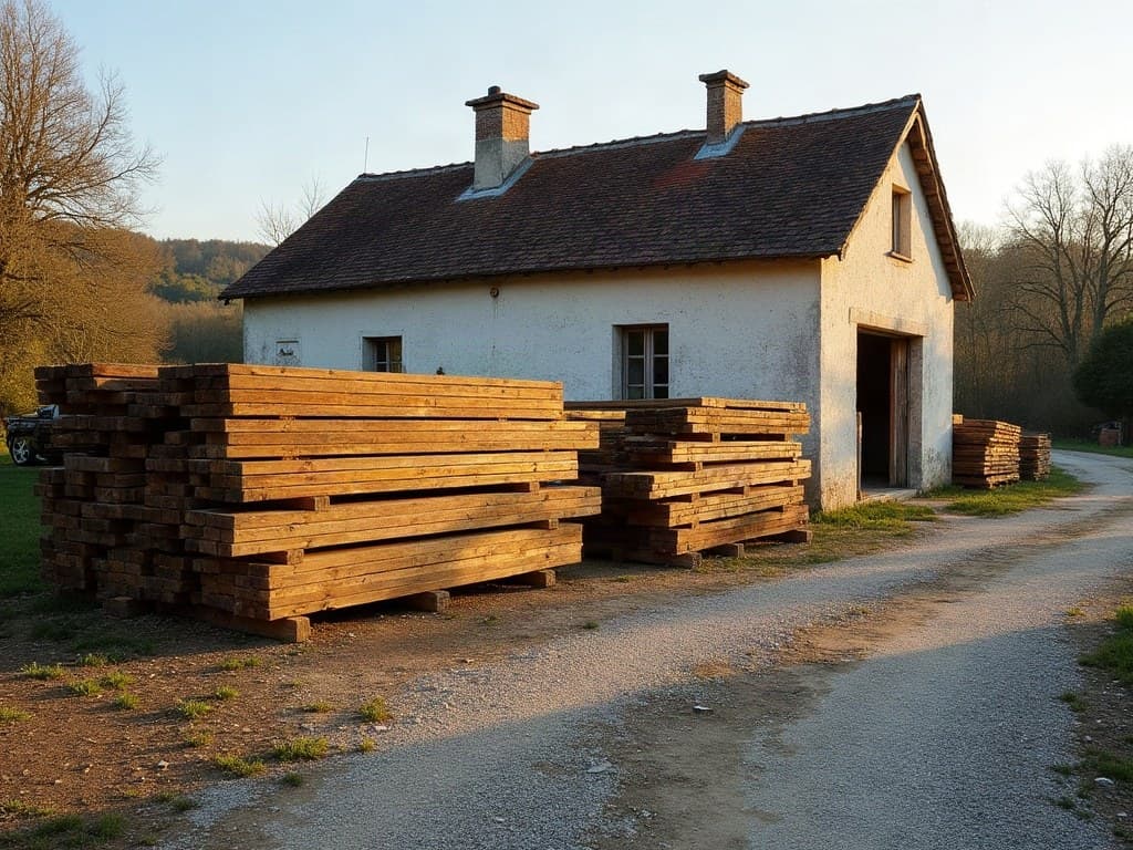 Des poutres et pannes de bois de charpente récupérées, empilées proprement sur cales devant une maison en pierre du Limousin