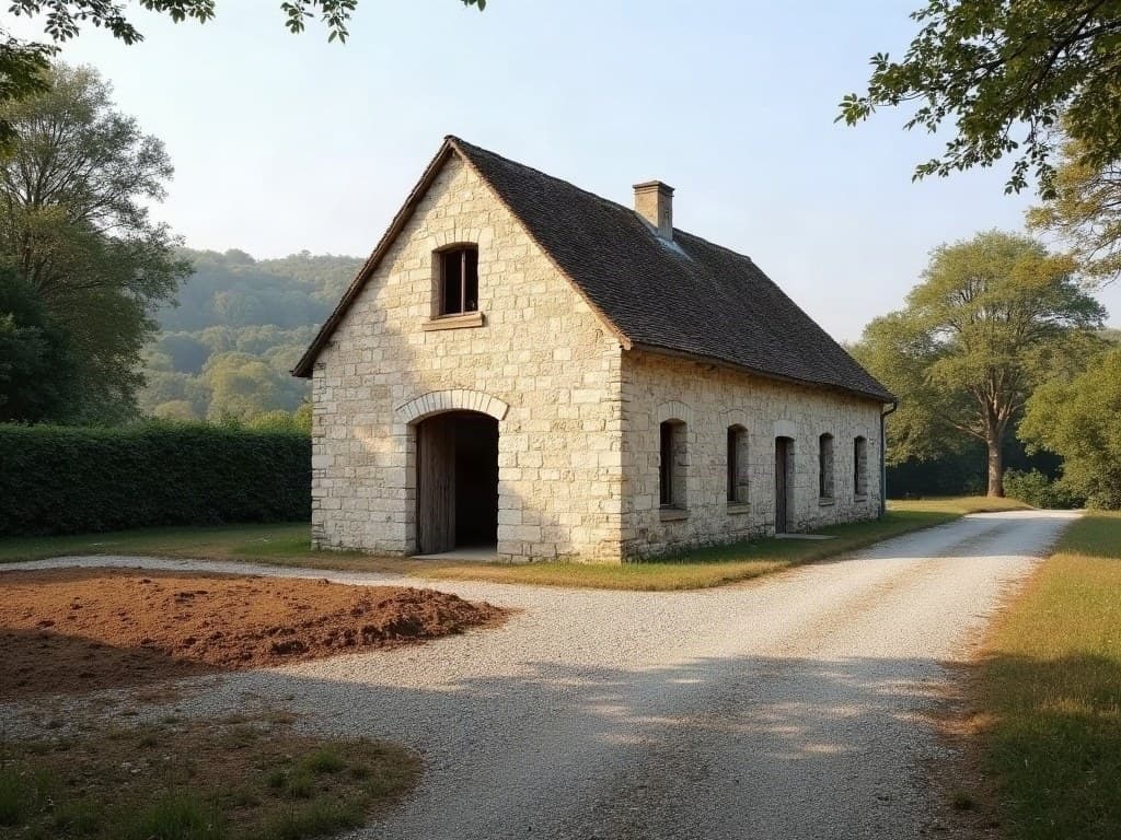 Grange en pierre conservée à côté d'une emprise gravillonnée fraîchement dégagée, à Saint-Yrieix-la-Perche