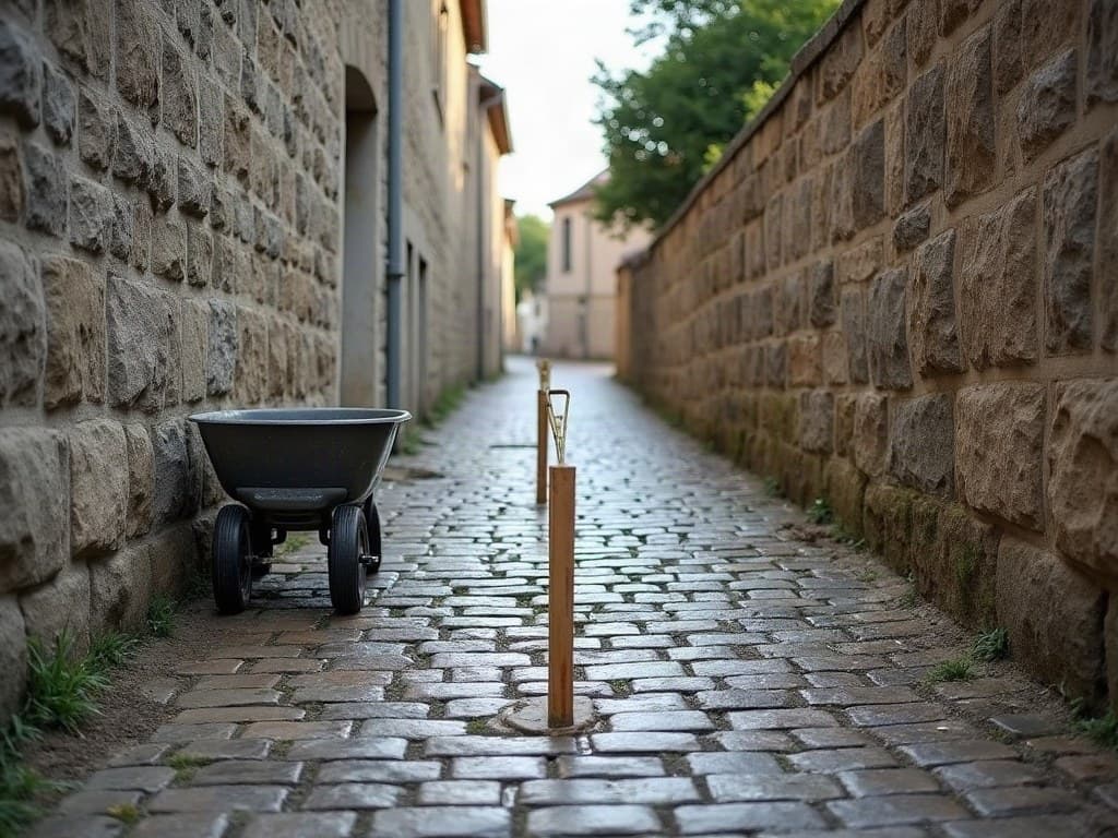 Ruelle pavée étroite à Tulle entre deux murs de pierre, cordeau de chantier tendu sur piquets et brouette vide