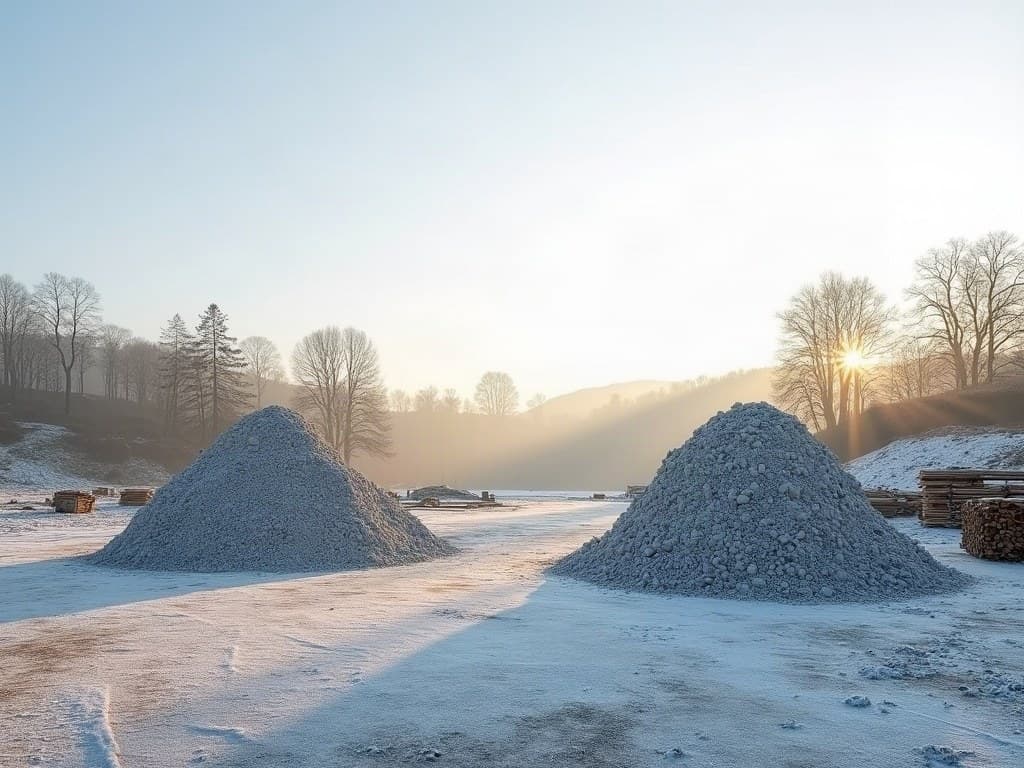 Deux tas de matériaux de démolition triés, givrés par un matin d'hiver clair sur le plateau de Millevaches près d'Ussel