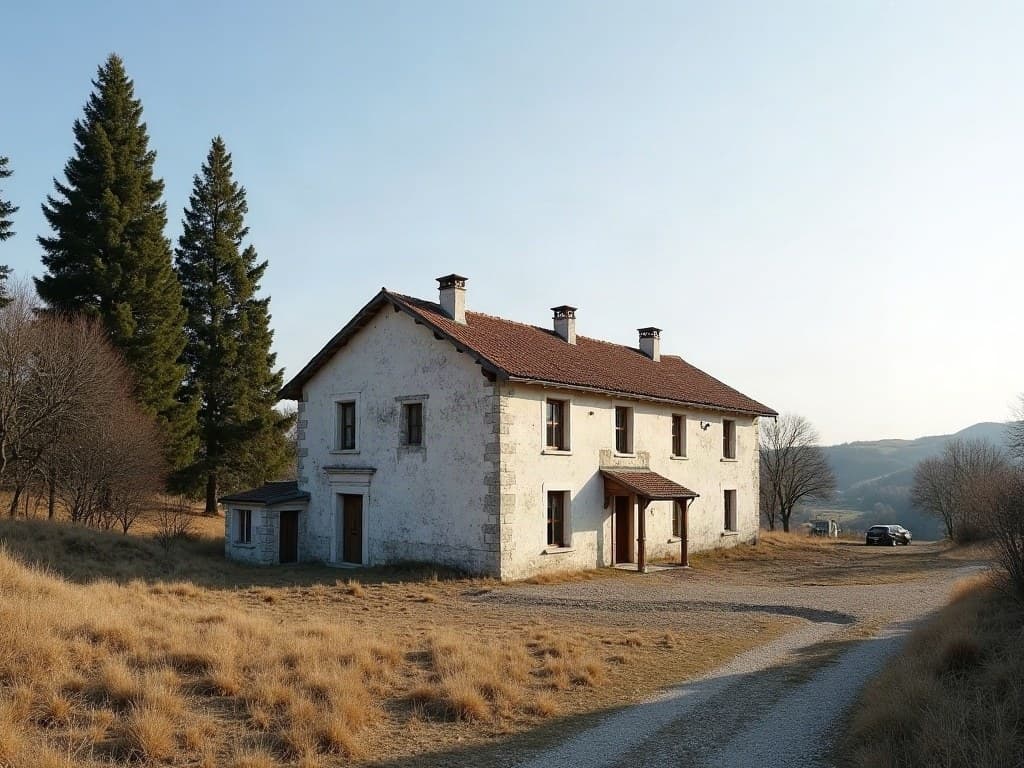 Ferme en pierre sur le plateau de Millevaches, conifères et ciel dégagé, près d'Ussel