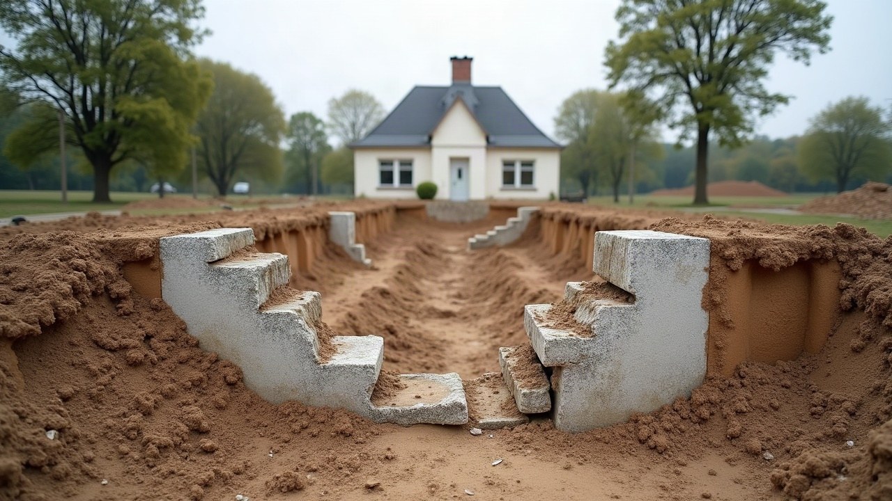 Fondations résiduelles d'une ancienne maison partiellement retirées, terrain en cours de nivellement en périphérie de Limoges, aucune personne visible