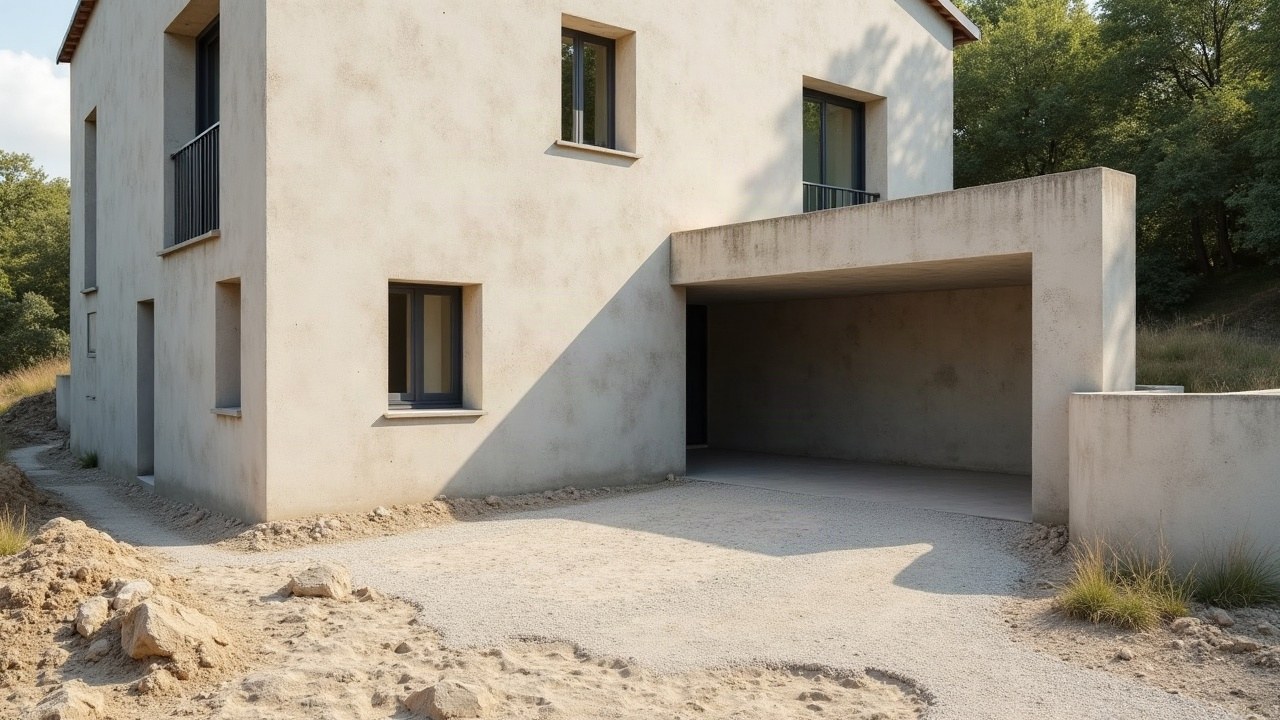 Angle de mur en parpaing d'une maison, section fraîchement séparée là où un garage attenant vient d'être retiré, chantier net, aucune personne visible