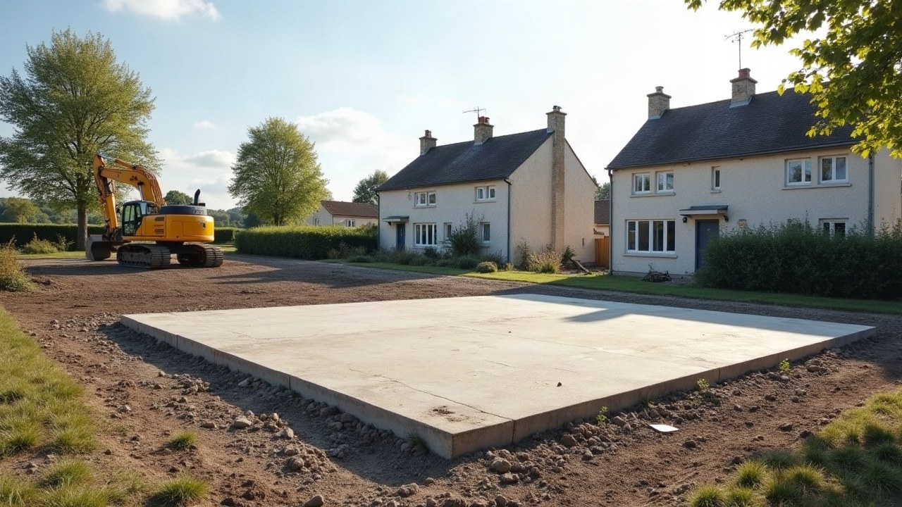 Dalle béton résiduelle d'un pavillon démoli, terrain dégagé et propre en périphérie de Limoges, engin de terrassement immobile à proximité, aucune personne visible