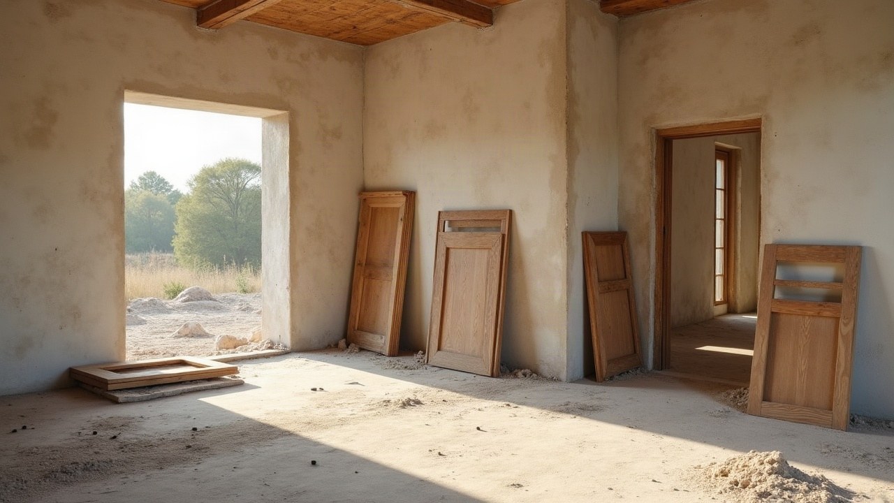 Menuiseries et huisseries démontées, empilées proprement dans une pièce vidée avant démolition, chantier de curage en cours, aucune personne visible