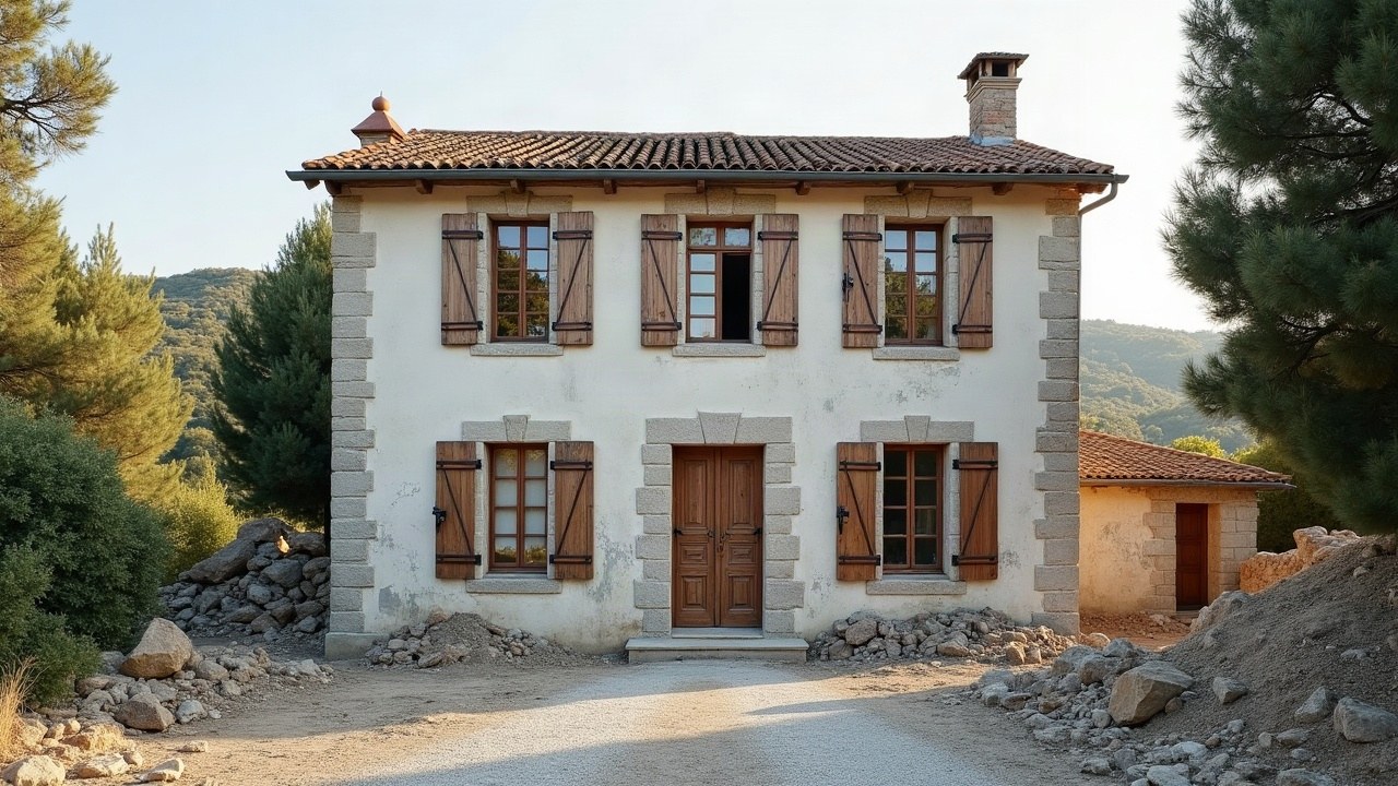 Façade de maison ancienne en pierre de granit clair, volets fermés, préparée pour un chantier de démolition, aucune personne visible