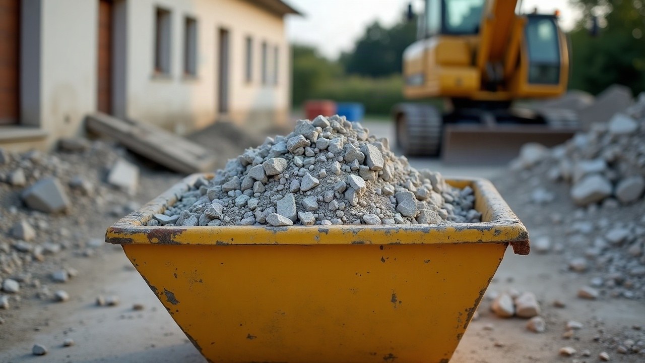 Benne de tri remplie de gravats de béton concassé, propre et rangée, en bordure d'un chantier de démolition, aucune personne visible