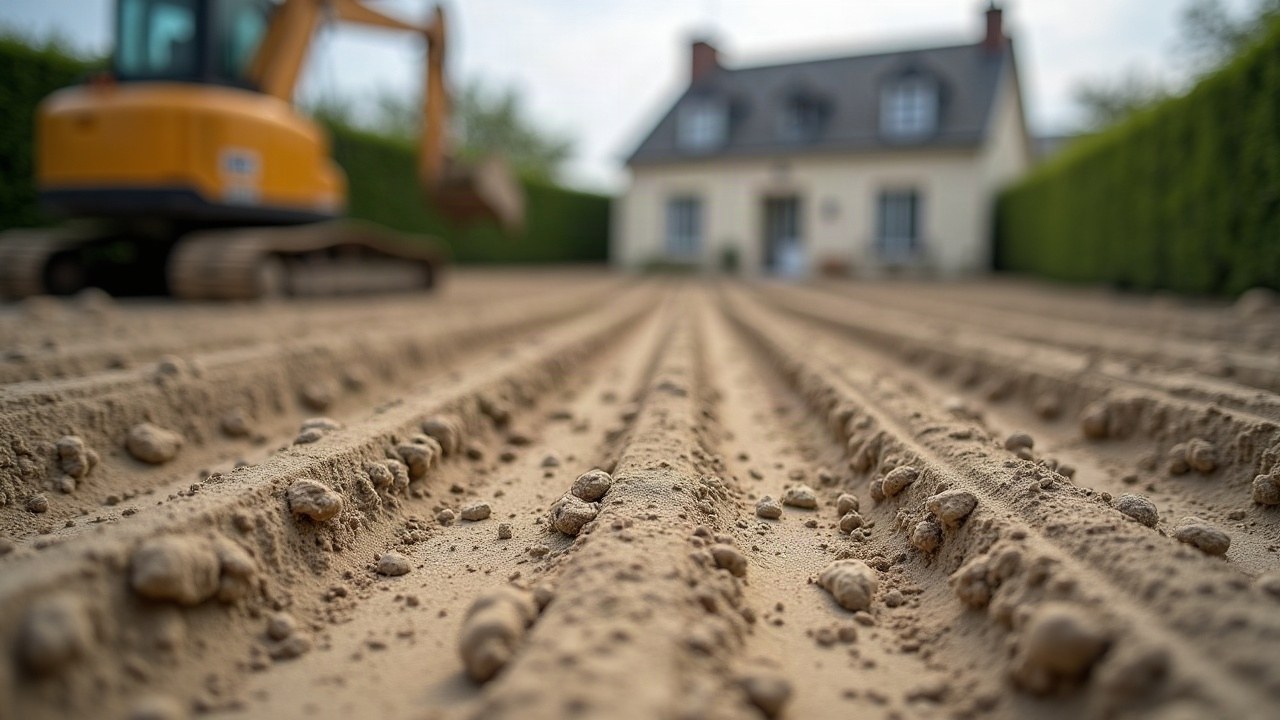Sol fraîchement remblayé et compacté sur une parcelle après démolition, engin de terrassement immobile en bordure, aucune personne visible